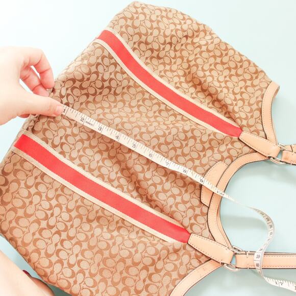 Coach Devin Signature Stripe Orange Top Handle Tote Bag Leather Strap - Picture 13 of 14